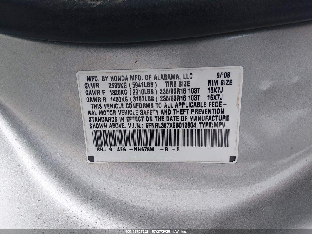 5FNRL387X9B012804 2009 HONDA ODYSSEY photo no. 9