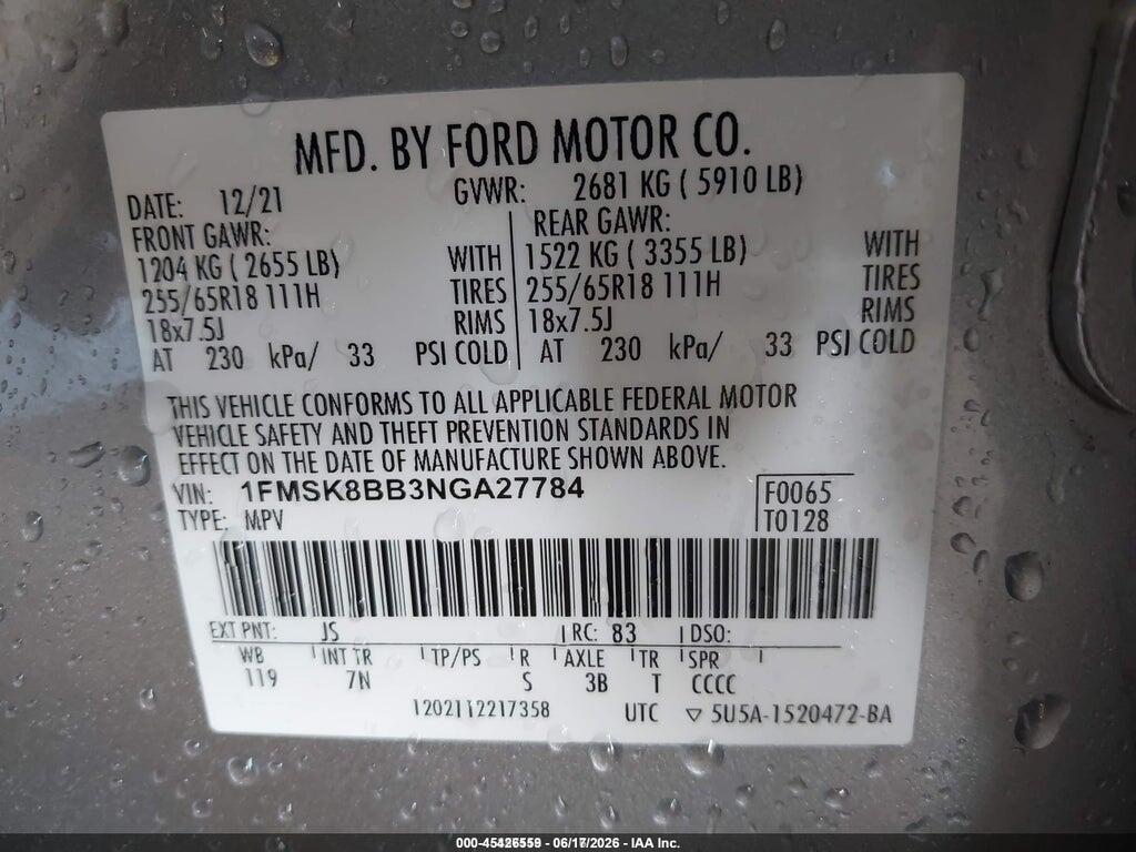 1FMSK8BB3NGA27784 2022 FORD EXPLORER photo no. 9