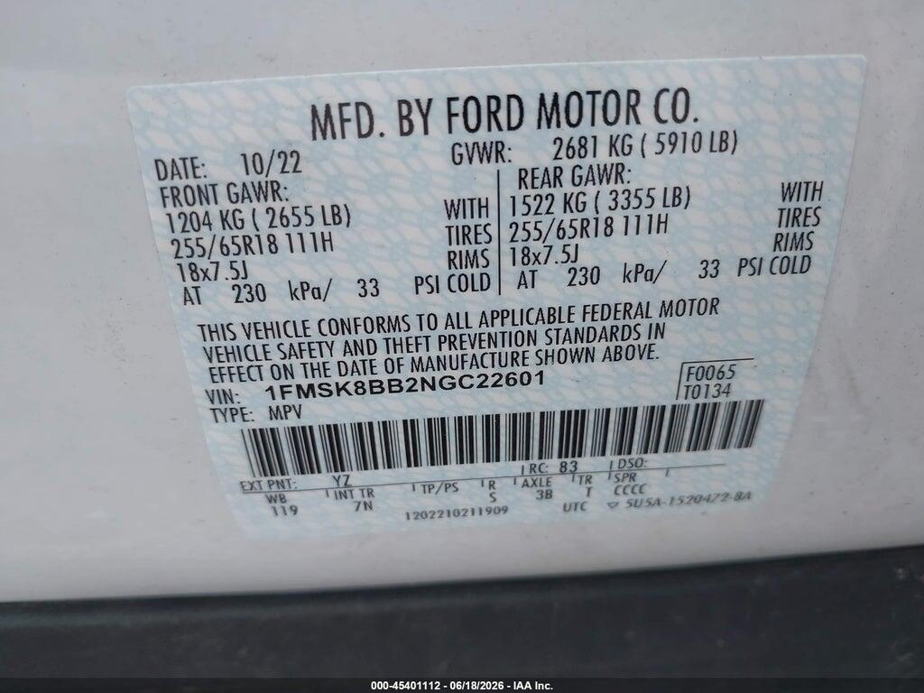 1FMSK8BB2NGC22601 2022 FORD EXPLORER photo no. 9