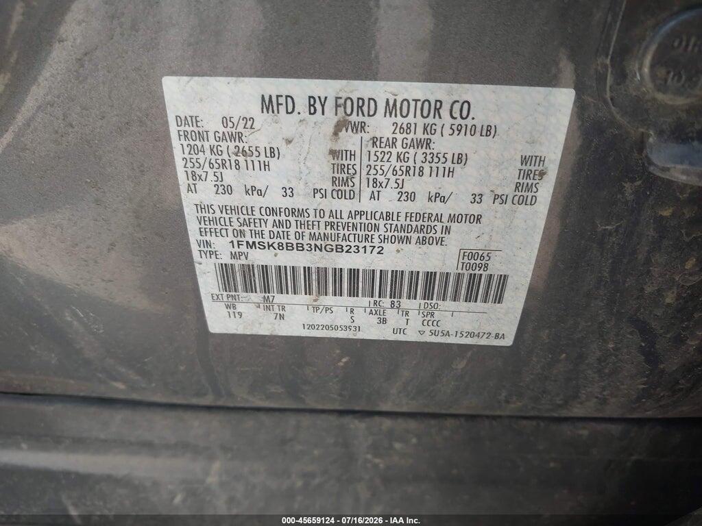 1FMSK8BB3NGB23172 2022 FORD EXPLORER photo no. 9