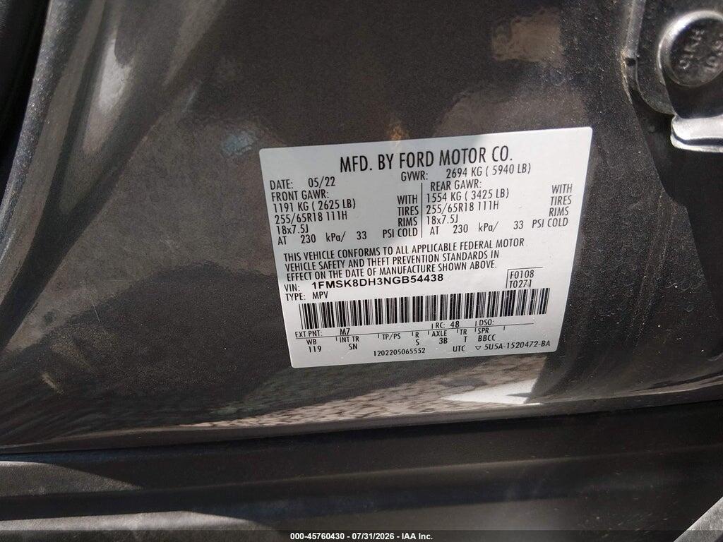 1FMSK8DH3NGB54438 2022 FORD EXPLORER photo no. 9