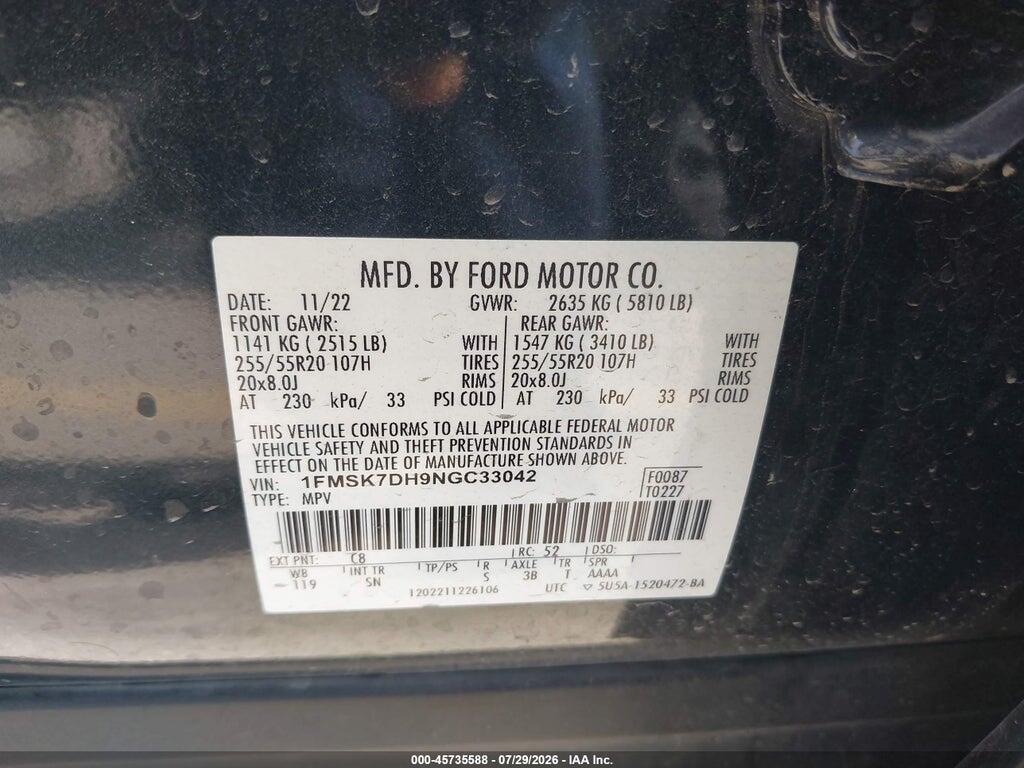 1FMSK7DH9NGC33042 2022 FORD EXPLORER photo no. 9