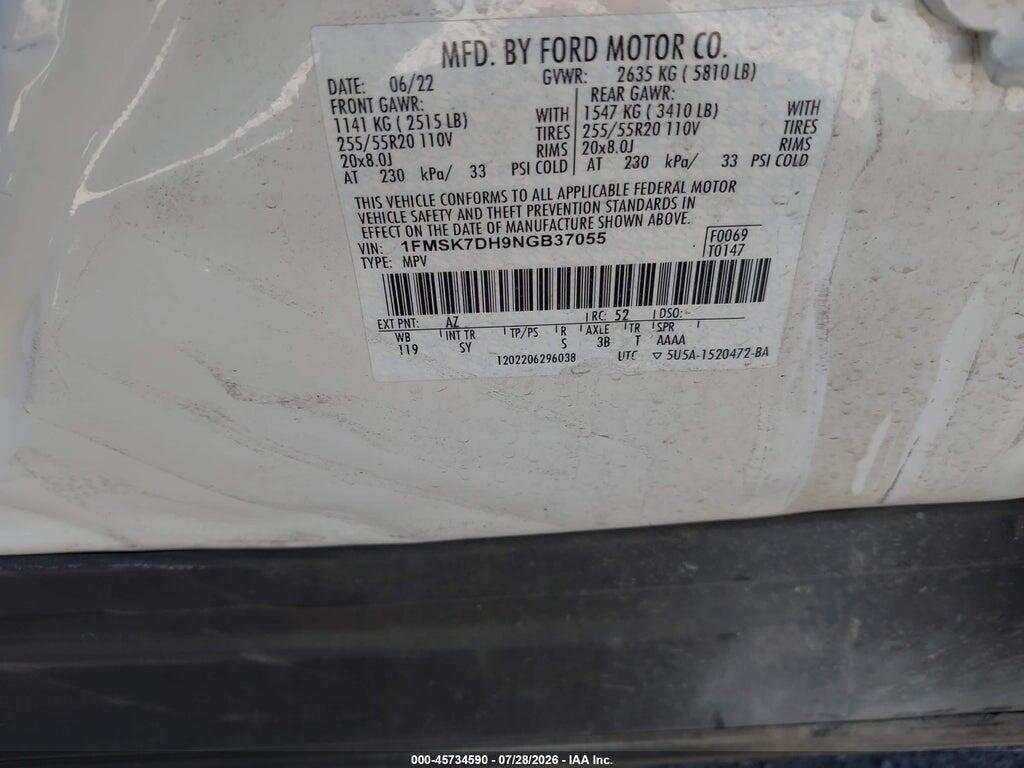 1FMSK7DH9NGB37055 2022 FORD EXPLORER photo no. 9
