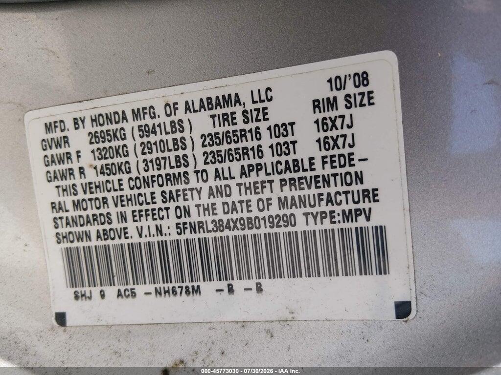 5FNRL384X9B019290 2009 HONDA ODYSSEY photo no. 9