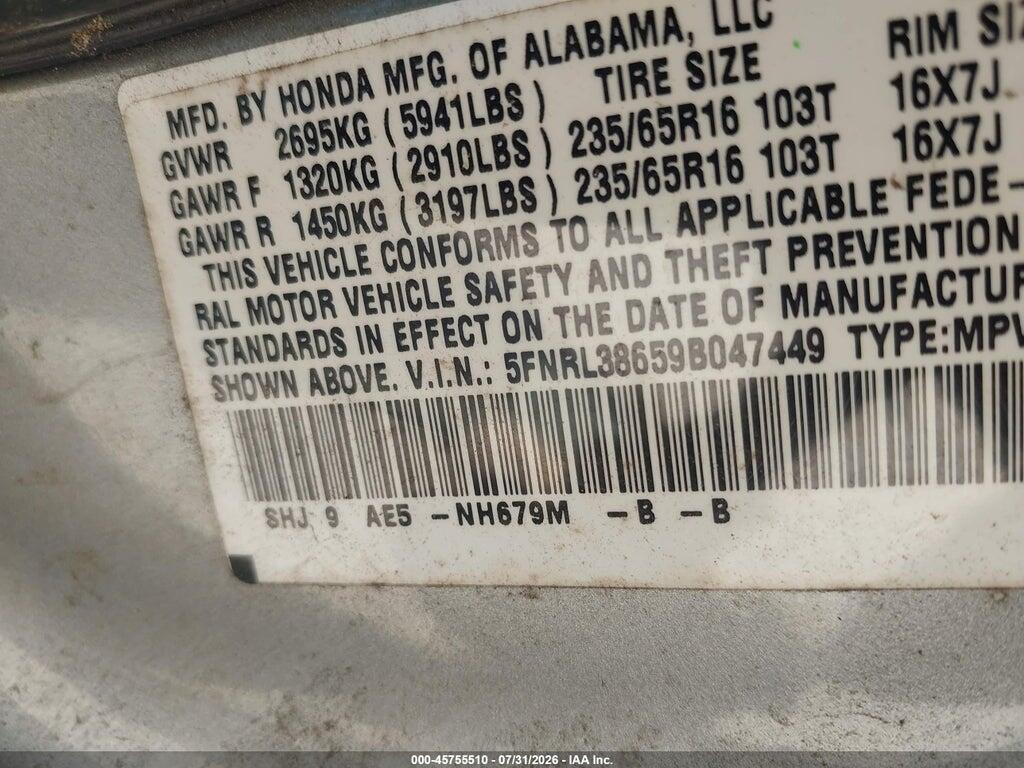 5FNRL38659B047449 2009 HONDA ODYSSEY photo no. 9