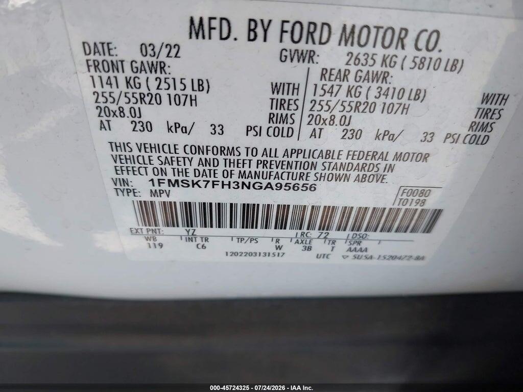 1FMSK7FH3NGA95656 2022 FORD EXPLORER photo no. 9