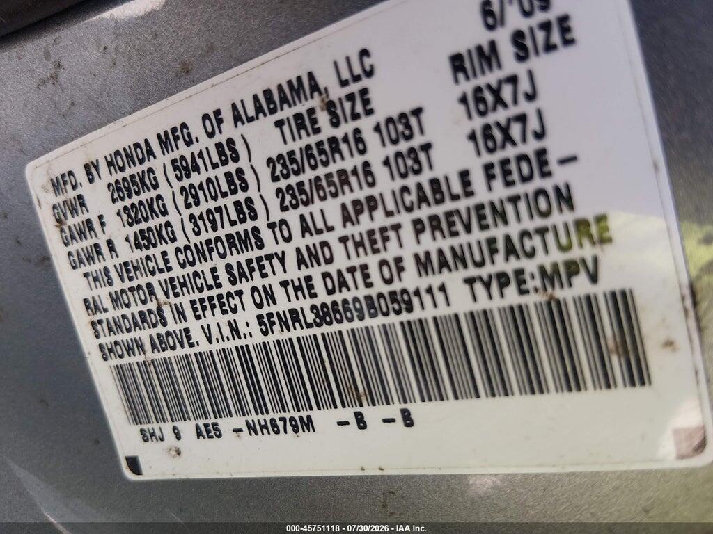 5FNRL38669B059111 2009 HONDA ODYSSEY photo no. 9