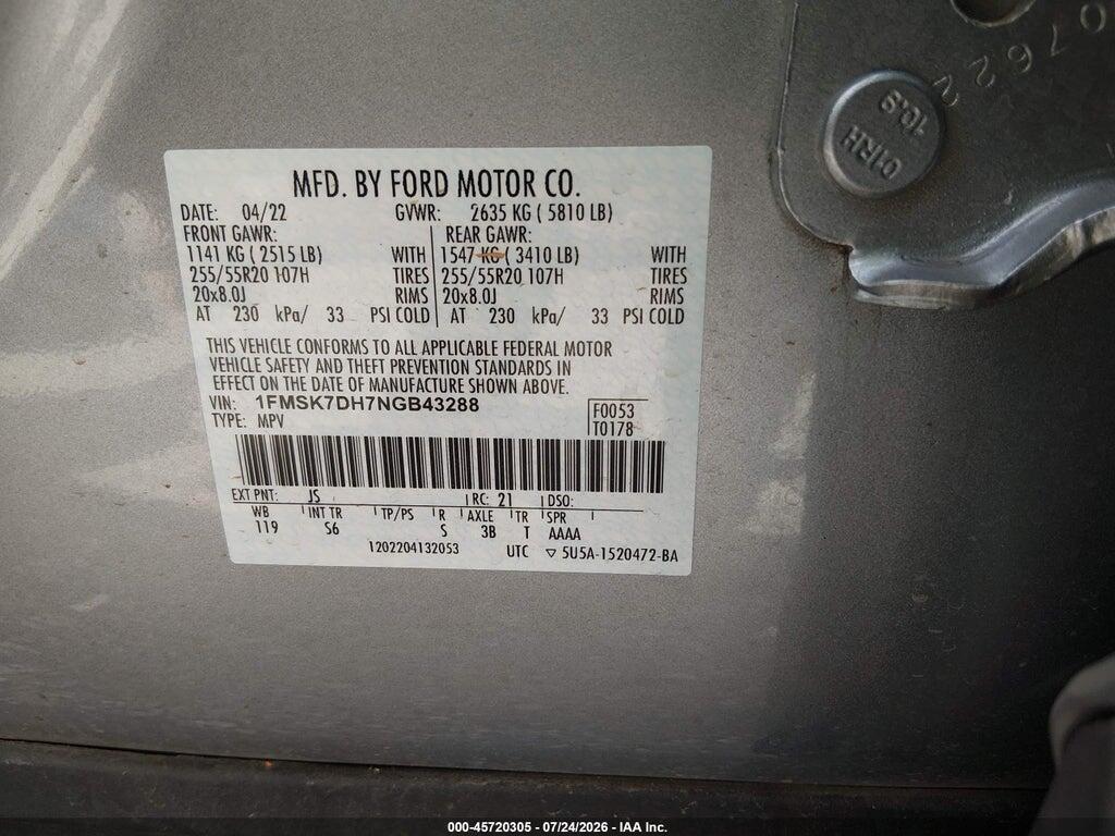1FMSK7DH7NGB43288 2022 FORD EXPLORER photo no. 9