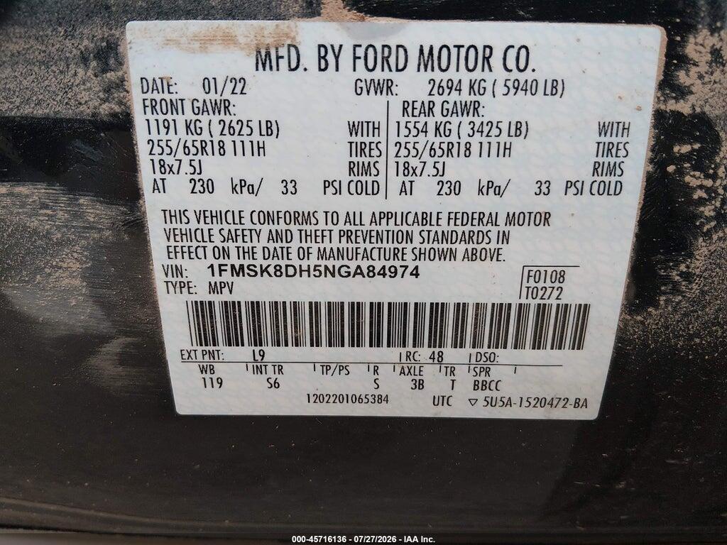 1FMSK8DH5NGA84974 2022 FORD EXPLORER photo no. 9