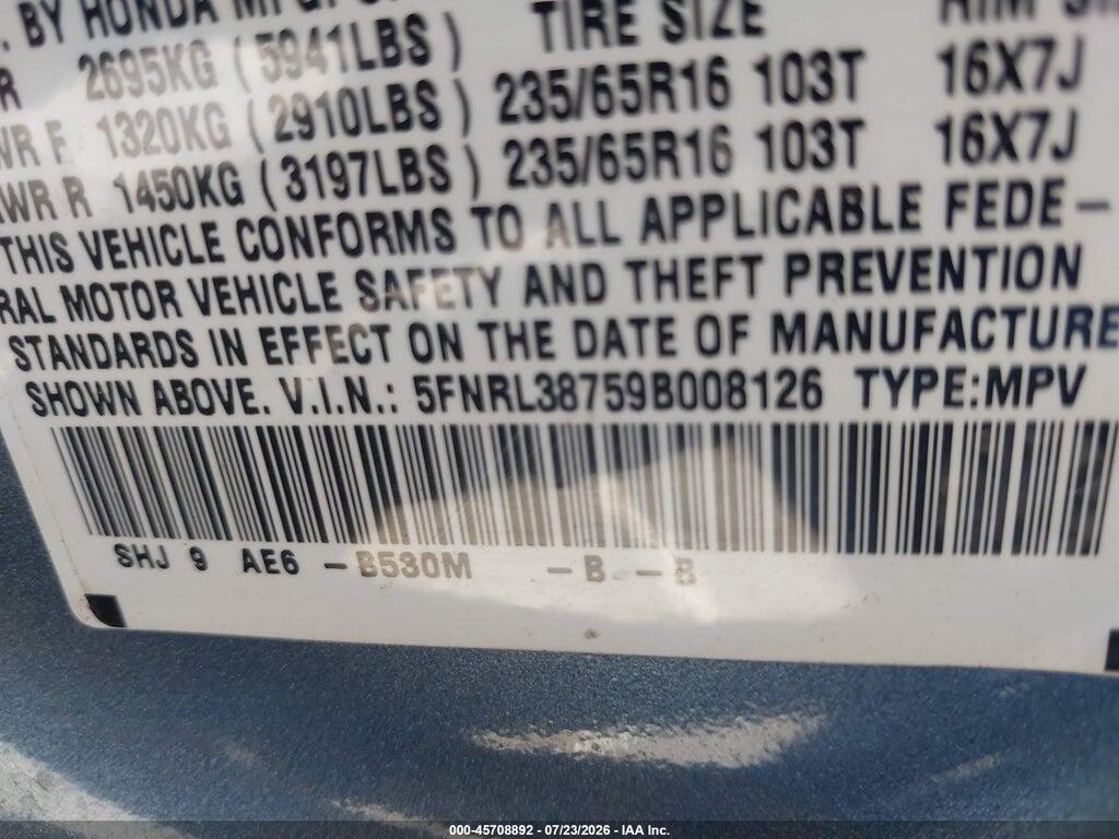 5FNRL38759B008126 2009 HONDA ODYSSEY photo no. 9