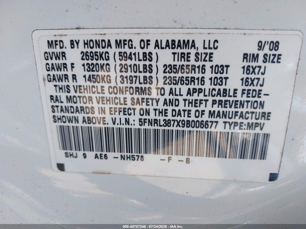 5FNRL387X9B006677 2009 HONDA ODYSSEY photo no. 9