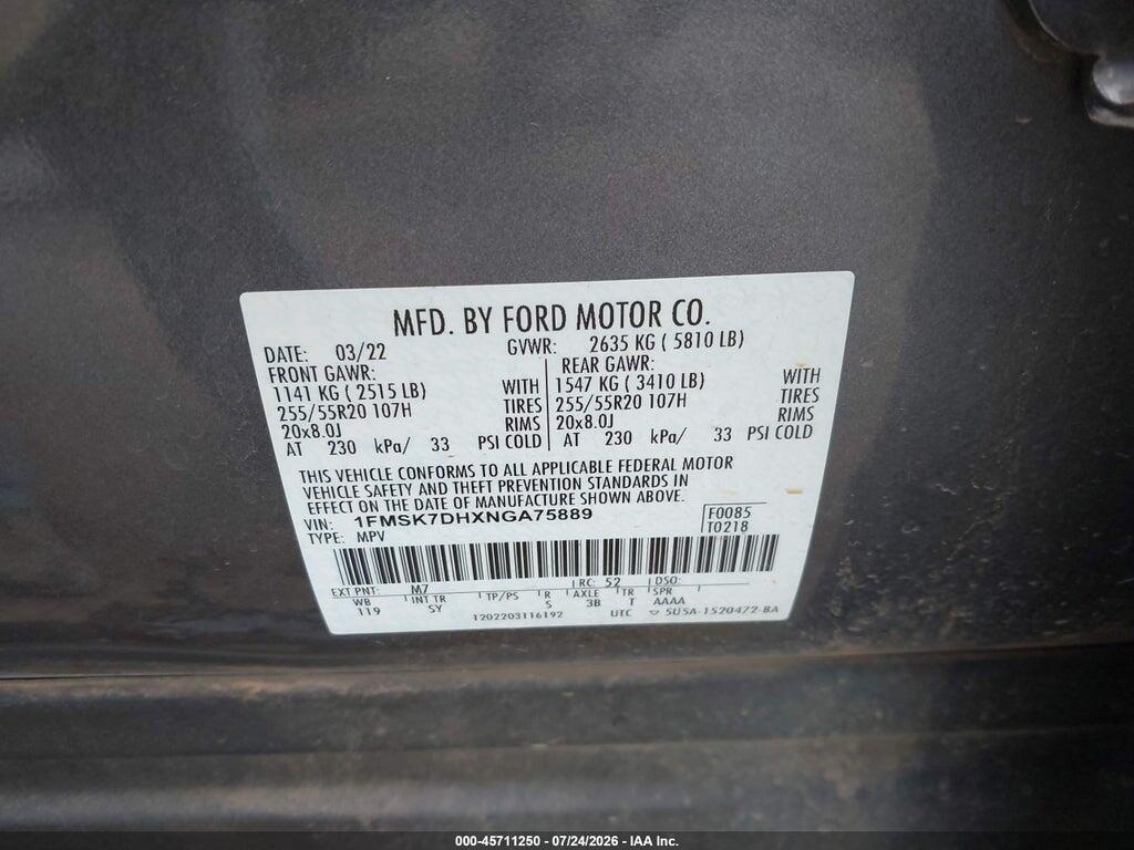 1FMSK7DHXNGA75889 2022 FORD EXPLORER photo no. 9