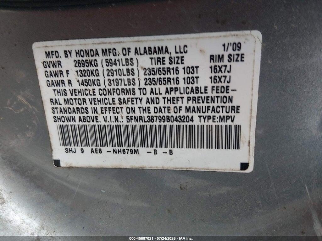 5FNRL38799B043204 2009 HONDA ODYSSEY photo no. 9