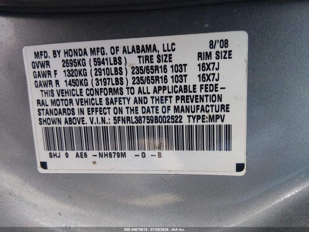 5FNRL38759B002522 2009 HONDA ODYSSEY photo no. 9