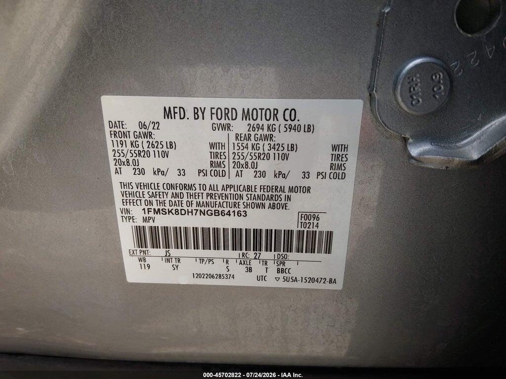 1FMSK8DH7NGB64163 2022 FORD EXPLORER photo no. 9