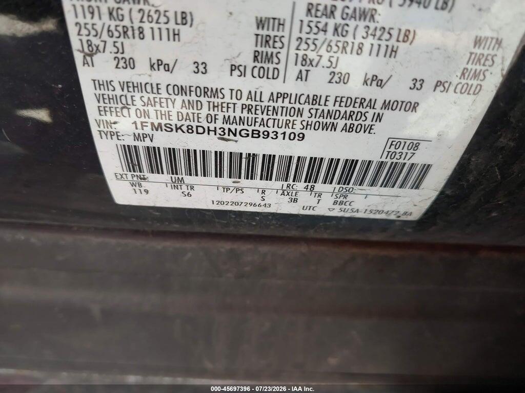 1FMSK8DH3NGB93109 2022 FORD EXPLORER photo no. 9