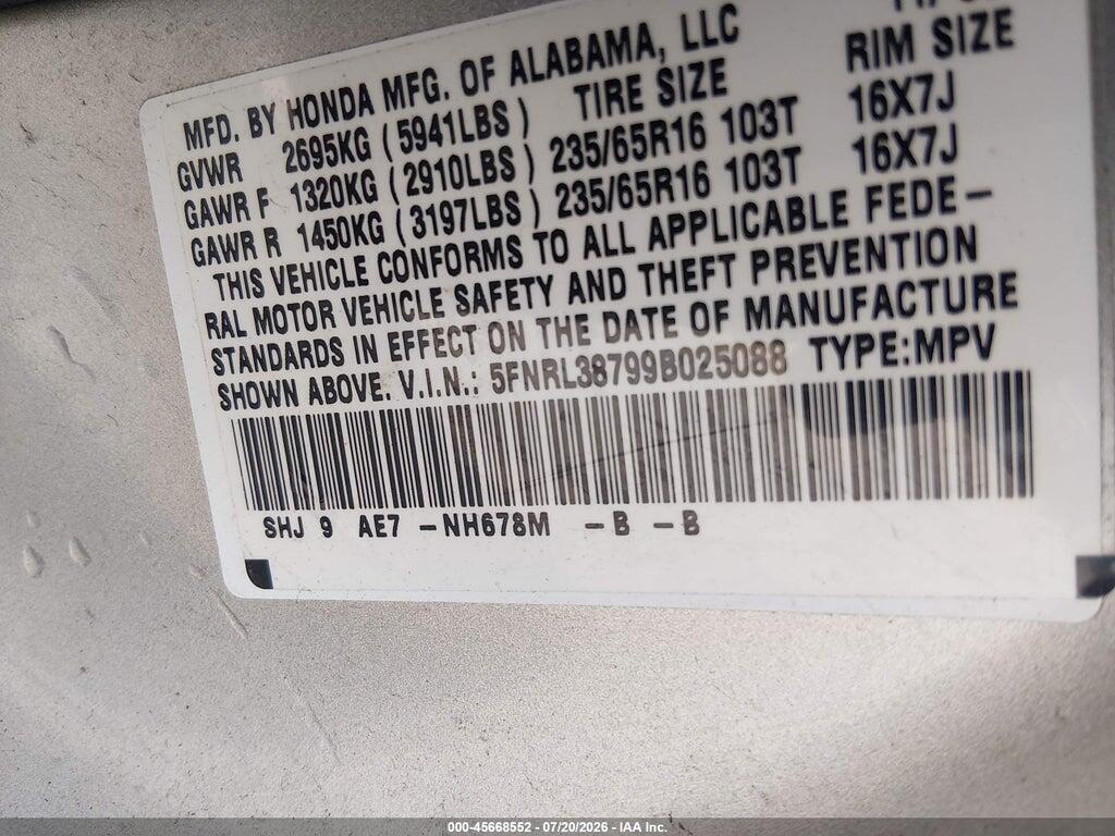 5FNRL38799B025088 2009 HONDA ODYSSEY photo no. 9