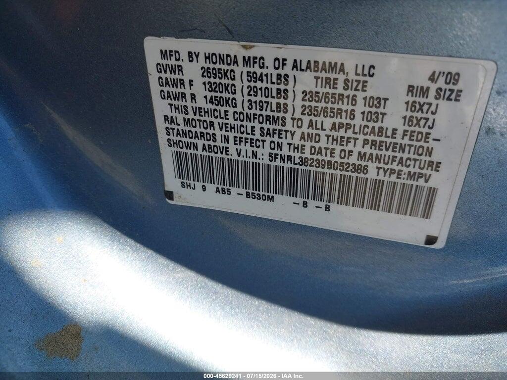 5FNRL38239B052386 2009 HONDA ODYSSEY photo no. 9
