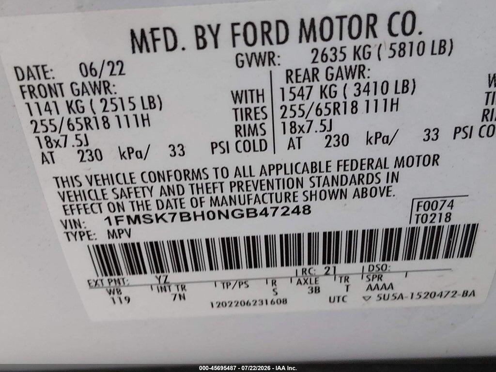 1FMSK7BH0NGB47248 2022 FORD EXPLORER photo no. 9