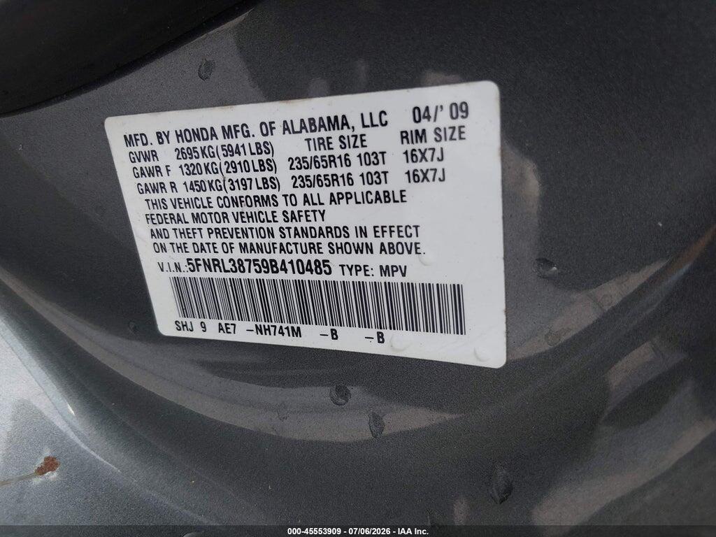 5FNRL38759B410485 2009 HONDA ODYSSEY photo no. 9
