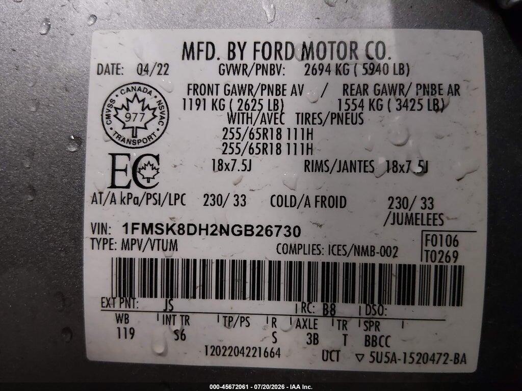 1FMSK8DH2NGB26730 2022 FORD EXPLORER photo no. 9