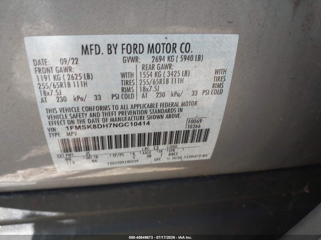 1FMSK8DH7NGC10414 2022 FORD EXPLORER photo no. 9