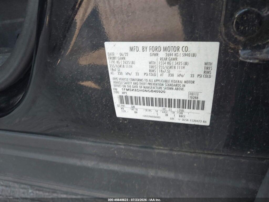 1FMSK8DH0NGB40920 2022 FORD EXPLORER photo no. 9