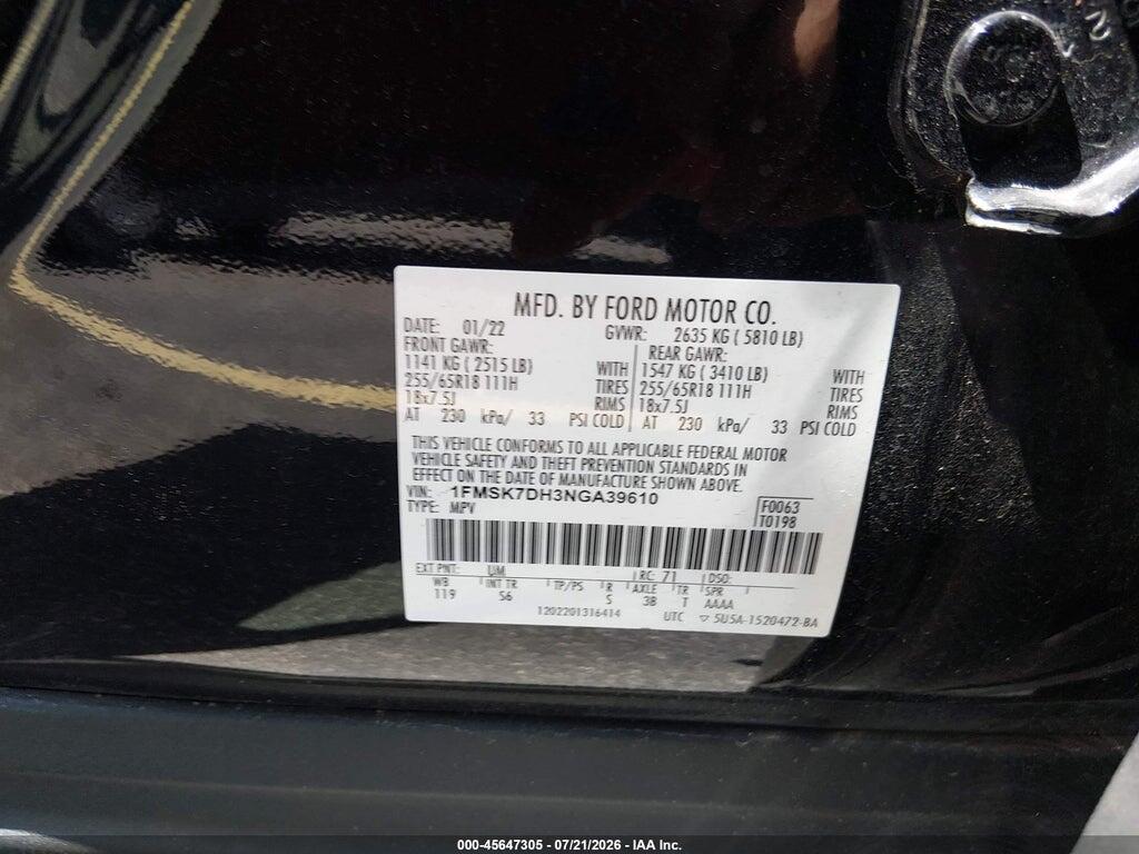 1FMSK7DH3NGA39610 2022 FORD EXPLORER photo no. 9