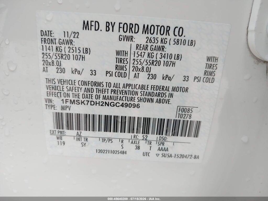 1FMSK7DH2NGC49096 2022 FORD EXPLORER photo no. 9