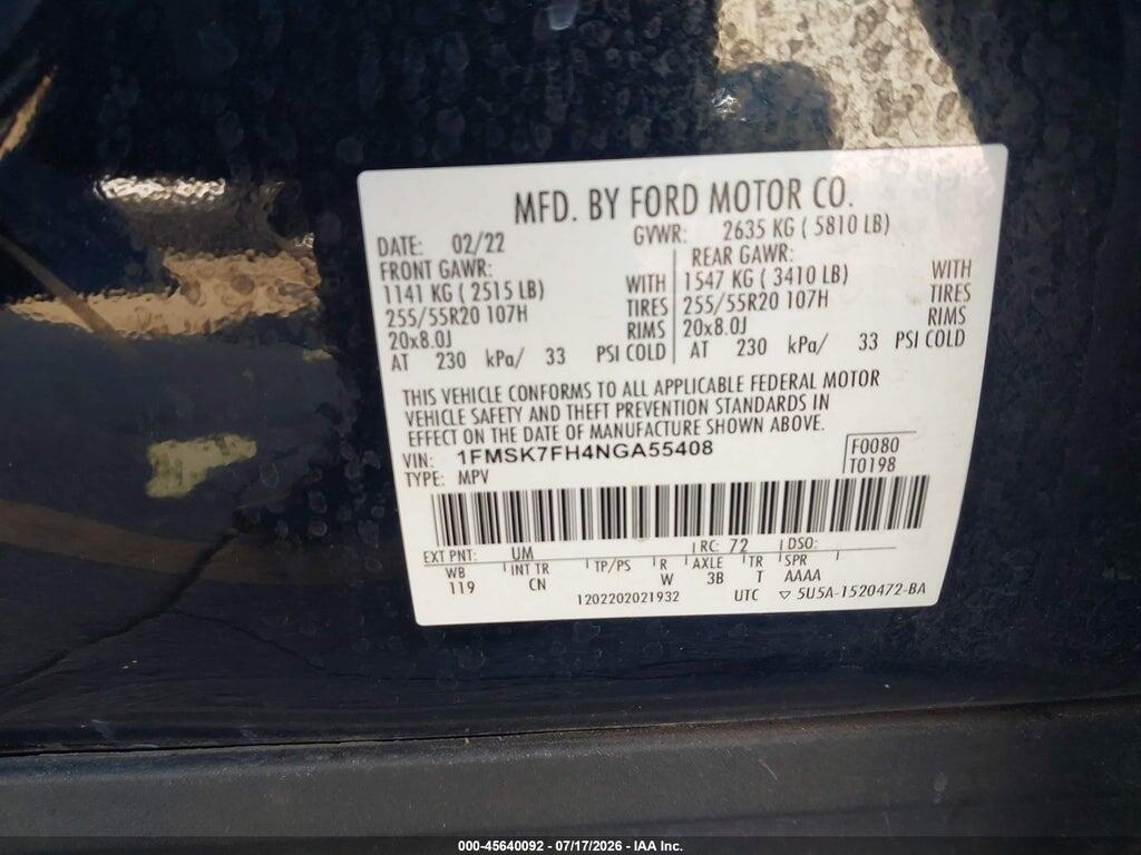 1FMSK7FH4NGA55408 2022 FORD EXPLORER photo no. 9