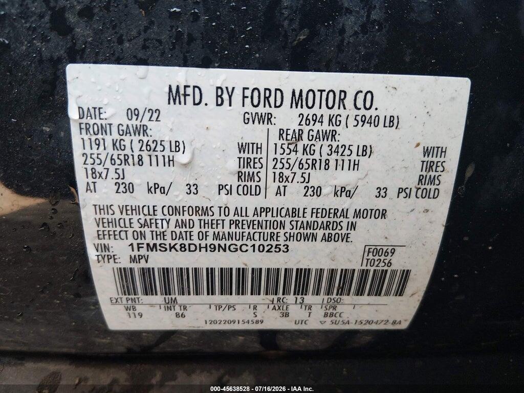 1FMSK8DH9NGC10253 2022 FORD EXPLORER photo no. 9