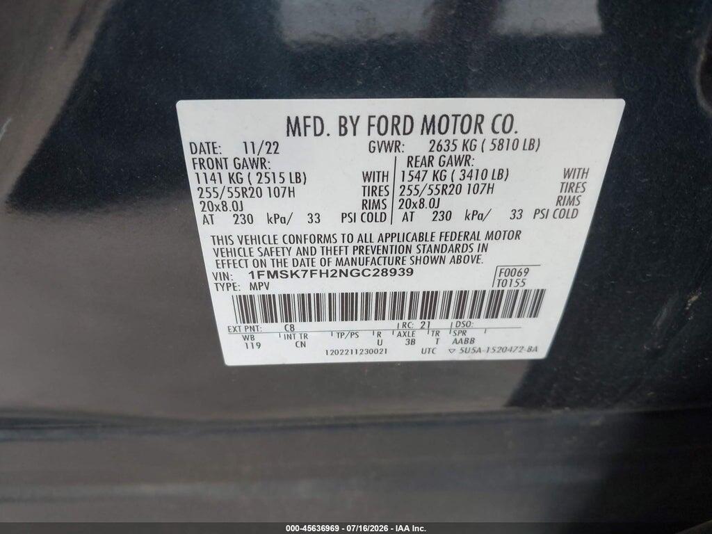 1FMSK7FH2NGC28939 2022 FORD EXPLORER photo no. 9