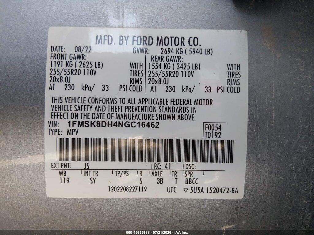 1FMSK8DH4NGC16462 2022 FORD EXPLORER photo no. 9