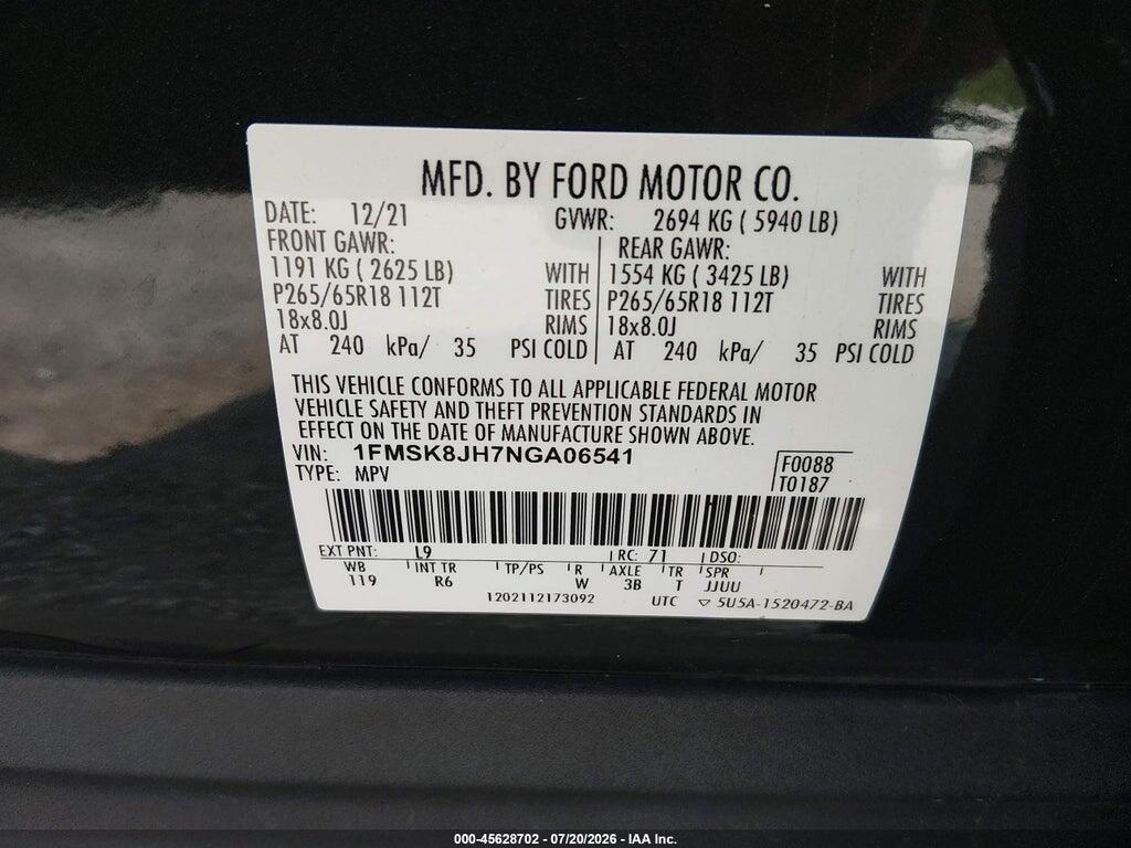 1FMSK8JH7NGA06541 2022 FORD EXPLORER photo no. 9