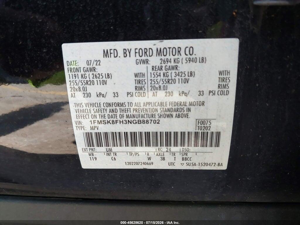1FMSK8FH3NGB88702 2022 FORD EXPLORER photo no. 9