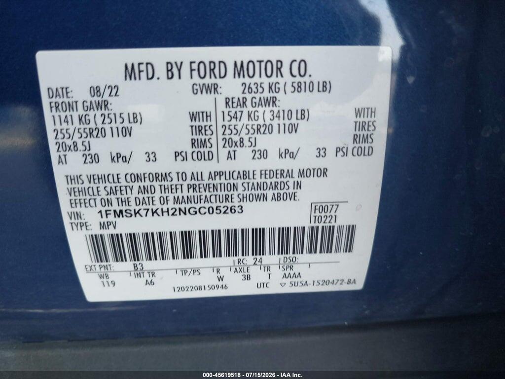 1FMSK7KH2NGC05263 2022 FORD EXPLORER photo no. 9
