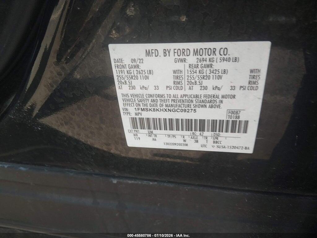 1FMSK8KHXNGC09275 2022 FORD EXPLORER photo no. 9