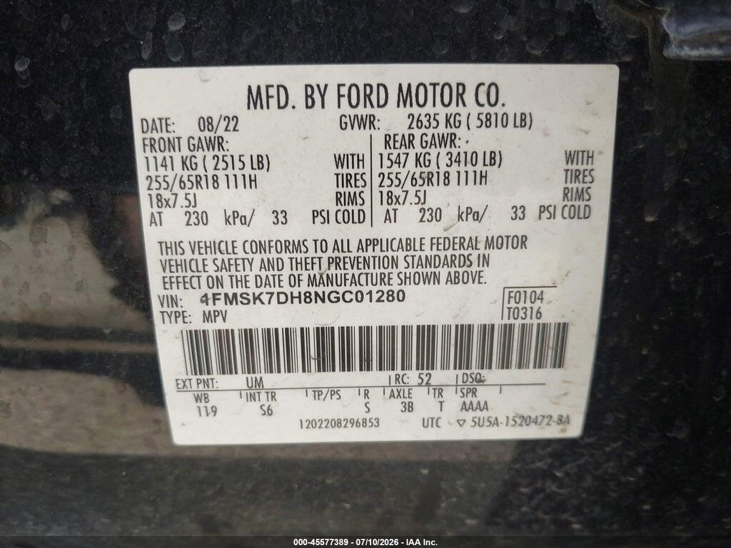 1FMSK7DH8NGC01280 2022 FORD EXPLORER photo no. 9