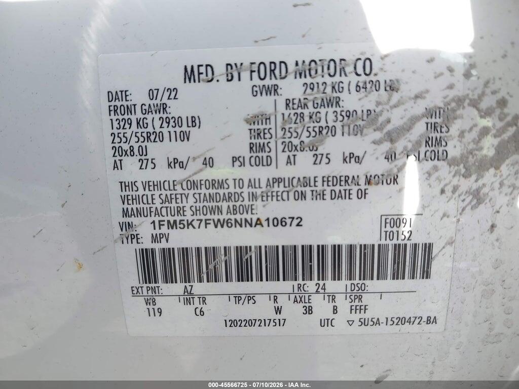 1FM5K7FW6NNA10672 2022 FORD EXPLORER photo no. 9
