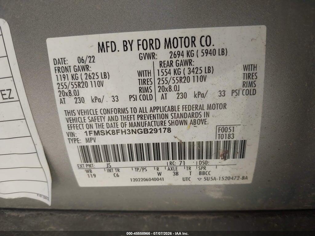 1FMSK8FH3NGB29178 2022 FORD EXPLORER photo no. 9