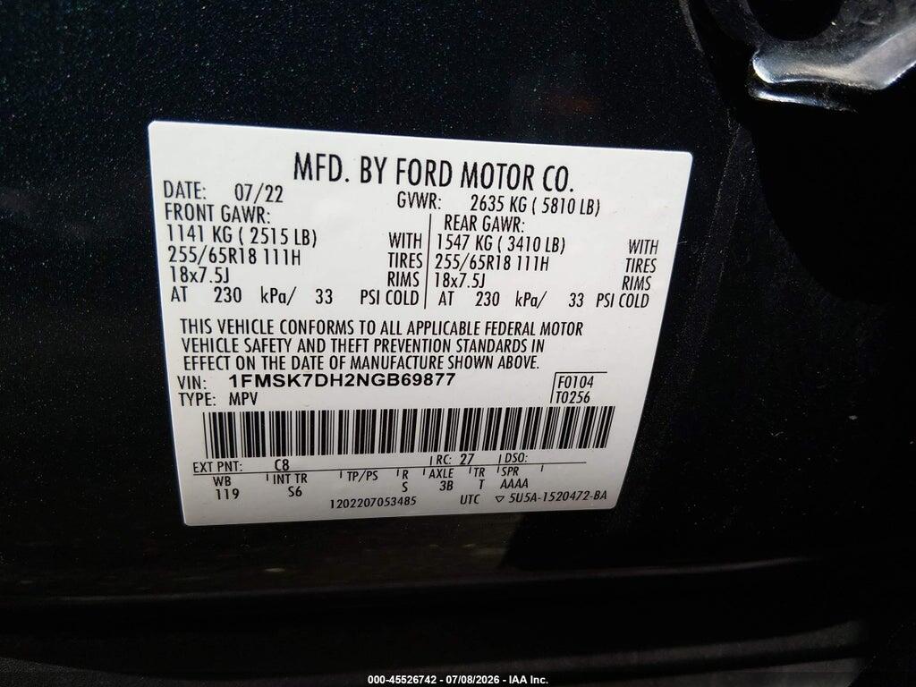 1FMSK7DH2NGB69877 2022 FORD EXPLORER photo no. 9