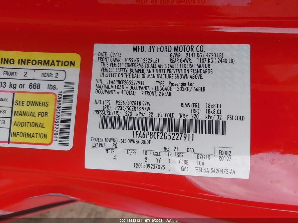 1FA6P8CF2G5227911 2016 FORD MUSTANG photo no. 9