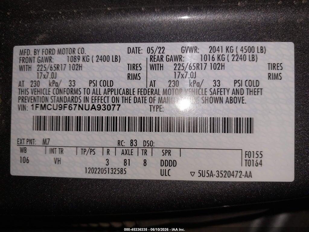 1FMCU9F67NUA93077 2022 FORD ESCAPE photo no. 9