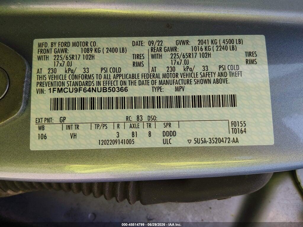 1FMCU9F64NUB50366 2022 FORD ESCAPE photo no. 9