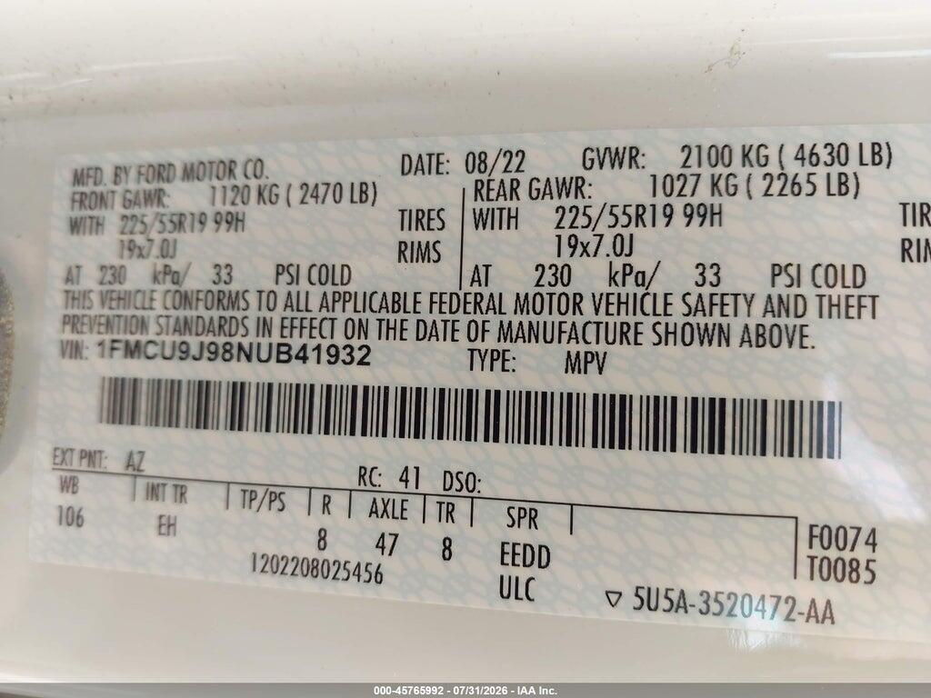 1FMCU9J98NUB41932 2022 FORD ESCAPE photo no. 9