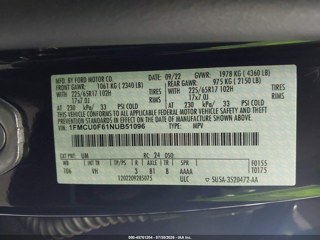 1FMCU0F61NUB51096 2022 FORD ESCAPE photo no. 9