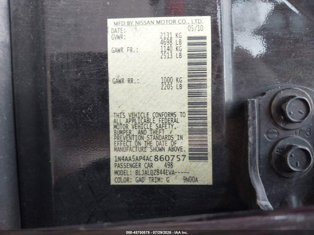 1N4AA5AP4AC860757 2010 NISSAN MAXIMA photo no. 9