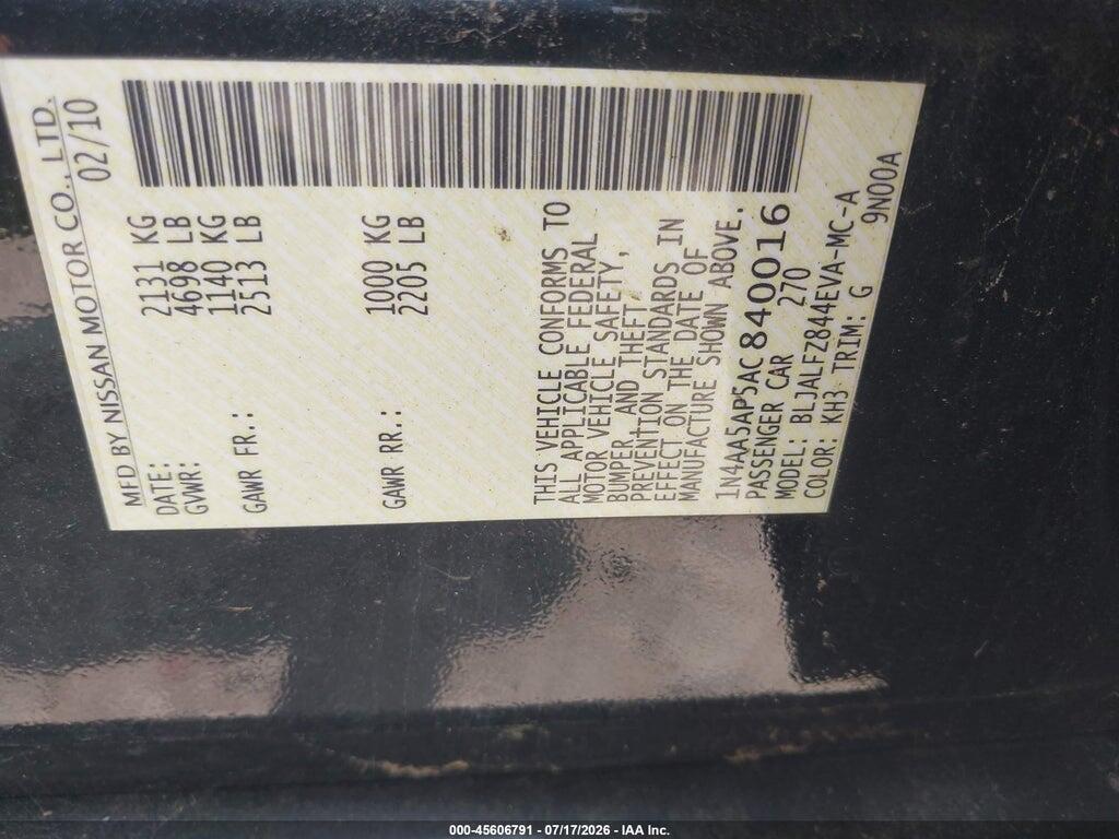 1N4AA5AP5AC840016 2010 NISSAN MAXIMA photo no. 9