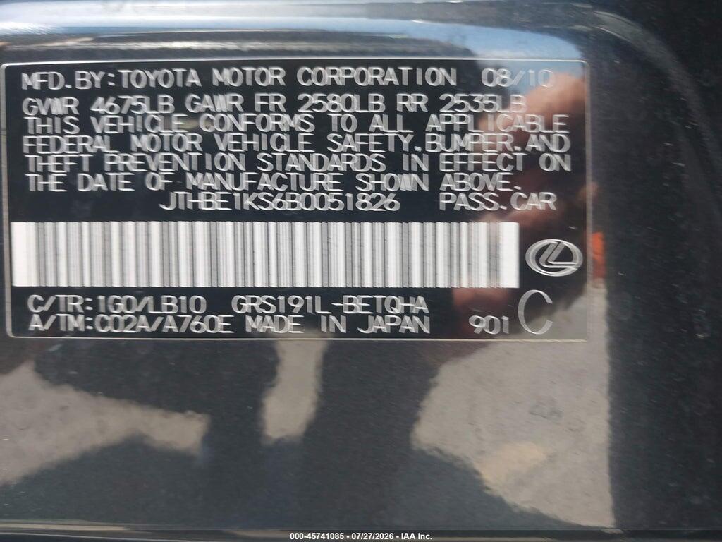 JTHBE1KS6B0051826 2011 LEXUS GS 350 photo no. 9