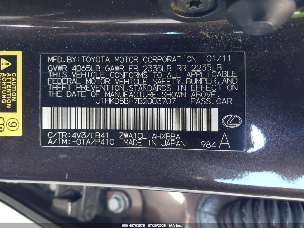 JTHKD5BH7B2003707 2011 LEXUS CT 200H photo no. 9